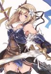  1girl bare_shoulders belt blonde_hair dress flower gauntlets granblue_fantasy hair_flower hair_ornament holding_sword holding_weapon jeanne_d&#039;arc_(granblue_fantasy) lily_(flower) long_hair nanahara_fuyuki scabbard sheath solo standard_bearer sword thigh-highs violet_eyes weapon zettai_ryouiki 