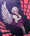  1girl bow bowtie braid covering_mouth dress dutch_angle full_body gradient gradient_background hand_on_own_face jacket kaiza_(rider000) kishin_sagume long_sleeves looking_at_viewer purple_dress red_eyes short_hair silver_hair single_wing solo touhou wings 
