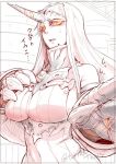  breasts claws commentary_request detached_sleeves dress glowing glowing_eyes hand_on_own_chest high_collar horn kantai_collection large_breasts long_hair orange_eyes reaching_out seaport_hime sketch sweatdrop torichamaru translation_request 