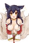  1girl ahri animal_ears black_hair breasts cleavage collarbone detached_sleeves fox_ears fox_tail highres korean_clothes large_breasts league_of_legends looking_at_viewer multiple_tails open_mouth simple_background solo sparkle tail white_background yellow_eyes 