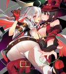  2girls ;p ass belt black_gloves black_hair breasts candy cleavage fingerless_gloves gloves green_eyes guilty_gear guilty_gear_xrd hat heterochromia high_heels i-no jack-o_(guilty_gear) lollipop long_hair looking_at_viewer mole mole_under_mouth multicolored_hair multiple_girls one_eye_closed oro_(sumakaita) redhead short_hair smile tongue tongue_out two-tone_hair violet_eyes white_hair witch_hat 