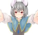  1girl animal_ears blush capelet grey_hair jewelry long_sleeves looking_at_viewer mouse_ears nazrin necklace netamaru outstretched_arms red_eyes shirt short_hair simple_background solo touhou upper_body vest white_background 
