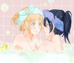  ayase_eli bath bathing blonde_hair blue_eyes blue_hair blush bubble bubble_bath eye_contact hair_up looking_at_another love_live!_school_idol_project nude rubber_duck shared_bathing shin9tani smile sonoda_umi tile_wall tiles towel towel_on_head wet yellow_eyes yuri 