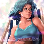  1girl beach_chair bishoujo_senshi_sailor_moon blue_eyes blue_hair book breasts camisole eyebrows glasses light_smile lips mizuno_ami nose realistic reza_kabir rimless_glasses short_hair solo upper_body watermark web_address 