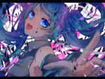  1girl aqua_hair blue_eyes crack detached_sleeves ghost_rule_(vocaloid) hatsune_miku highres letterboxed lyrics open_mouth outstretched_arm outstretched_hand solo song_name tagme tongue twintails ume_neko_(otaku-nyanko) vocaloid 