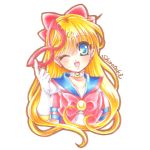  1girl aino_minako bishoujo_senshi_sailor_moon blonde_hair blue_eyes bow brooch choker crescent earrings facial_mark forehead_mark gloves hair_bow jewelry long_hair looking_at_viewer lowres magical_girl mask mask_removed one_eye_closed red_bow sailor_collar sailor_v shirataki_kaiseki signature smile solo upper_body white_background white_gloves 