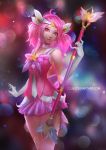  1girl alternate_costume cglas choker elbow_gloves gloves headband league_of_legends looking_at_viewer luxanna_crownguard pink_hair pink_skirt red_eyes skirt solo standing star_guardian_lux wand watermark web_address white_gloves 