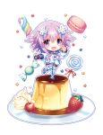  1girl candy cherry chibi cream d-pad food fruit hair_ornament lollipop looking_at_viewer macaron narinn neptune_(choujigen_game_neptune) neptune_(series) pudding purple_hair short_hair smile solo strawberry sweet v violet_eyes 