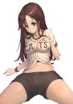  1girl absurdres baseball_uniform bike_shorts blush breasts brown_hair green_eyes hair_ornament hairclip highres himekawa_yuki idolmaster idolmaster_cinderella_girls long_hair oruka_(kamituki0827) smile solo sportswear 