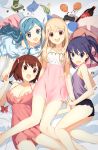  +_+ 4girls bare_legs bare_shoulders blonde_hair blue_eyes blue_hair breasts brown_eyes brown_hair cat checkerboard_cookie cleavage cola cookie doma_umaru dress ebina_nana food hairband hamster himouto!_umaru-chan holding_hands long_hair looking_at_viewer motoba_kirie multiple_girls nekoronbusu on_bed open_mouth playstation_controller potato_chips skirt symbol-shaped_pupils tachibana_sylphynford takenoko_no_sato_(food) thigh-highs twintails very_long_hair weee_(raemz) 