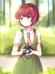  1girl camera checkered checkered_necktie dangan_ronpa green_eyes kobeni koizumi_mahiru necktie redhead short_hair smile solo super_dangan_ronpa_2 