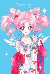  1girl :q ahma bishoujo_senshi_sailor_moon blue_background bow cherry chibi_usa cowboy_shot double_bun food food_as_clothes food_print food_themed_clothes food_themed_hair_ornament fruit hair_bow hair_ornament highres jacket jewelry necklace off_shoulder pink_hair red_eyes short_hair smile solo striped striped_bow tongue tongue_out twintails white_day wings 