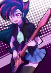    1girl bangs caibao collarbone cowboy_shot guitar instrument looking_at_viewer multicolored_hair my_little_pony my_little_pony_equestria_girls my_little_pony_friendship_is_magic open_mouth personification polka_dot polka_dot_background purple_skin skirt smile solo spiky_hair thigh-highs twilight_sparkle violet_eyes 