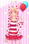 1girl :d animal_hood arm_at_side balloon blonde_hair blush cat_hood collarbone colored_eyelashes eyebrows eyebrows_visible_through_hair fast-runner-2024 highres holding holding_balloon hood hoodie horizontal-striped_shirt horizontal_stripes legs_apart long_hair long_sleeves looking_at_viewer miniskirt open_clothes open_hoodie open_mouth original pantyhose pink_background pink_legwear pleated_skirt polka_dot polka_dot_hoodie rainbow red_eyes red_skirt round_teeth shooting_star simple_background skirt slit_pupils smile solo standing star striped tareme teeth tiffy vertical-striped_background vertical_stripes 