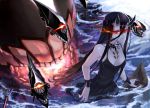  1girl battleship_hime black_hair black_nails choker cuffs dress glowing glowing_eyes glowing_mouth highres horns i-class_destroyer in_water kantai_collection long_hair looking_at_viewer nail_polish no_eyebrows ocean partially_submerged red_eyes ro-class_destroyer shinkaisei-kan spaghetti_strap sw_(2311550438) teeth 