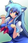  1girl :d alternate_eye_color animal_ears blue_eyes blue_hair blush breasts brooch cat_ears dress geogeo jewelry kamishirasawa_keine kemonomimi_mode long_hair looking_at_viewer no_hat open_mouth paw_pose puffy_short_sleeves puffy_sleeves short_sleeves smile solo sweatdrop touhou very_long_hair wavy_mouth 