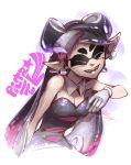  1girl ^_^ aori_(splatoon) black_dress black_hair breasts cleavage closed_eyes detached_collar domino_mask dress earrings eyebrows fangs food food_on_head gloves highres jewelry long_hair mask mike_nesbitt object_on_head pointy_ears solo splatoon strapless strapless_dress tentacle_hair thick_eyebrows white_gloves 