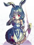  1girl animal_ears blood blood_on_face bloody_clothes bloody_weapon blue_dress blue_hair dress hammer long_hair low_twintails one_eye_closed puffy_sleeves rabbit_ears red_eyes seiran_(touhou) short_sleeves solo touhou twintails weapon white_background zounose 