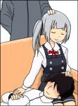  1girl 2boys admiral_(kantai_collection) closed_eyes iwazoukin kantai_collection kasumi_(kantai_collection) lying_on_lap multiple_boys petting 