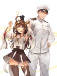  1boy 1girl absurdres admiral_(kantai_collection) ahoge baffu bare_shoulders black_legwear blush boots brown_hair commentary_request detached_sleeves double_bun hairband hat headgear highres japanese_clothes kantai_collection kongou_(kantai_collection) long_hair military military_hat military_uniform naval_uniform nontraditional_miko one_eye_closed open_mouth peaked_cap ribbon-trimmed_sleeves ribbon_trim skirt smile thigh-highs thigh_boots uniform violet_eyes 