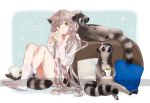  1girl animal_ears brown_hair crossed_legs cup english highres lemur lemur_ears lemur_tail miniskirt mug original pillow pleated_skirt sitting skirt sleeping smile socks tsuuuyu twintails yellow_eyes 