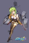  1girl bison_cangshu breasts brown_legwear cannon cleavage corset garter_straps glasses green_hair hat large_breasts machinery new_orleans_(zhan_jian_shao_nyu) radar remodel_(zhan_jian_shao_nyu) short_hair skirt solo striped striped_legwear thigh-highs turret vertical-striped_legwear vertical_stripes yellow_eyes zhan_jian_shao_nyu 