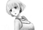  1girl commentary greyscale jewelry looking_back monochrome necklace open_mouth original portrait sakimori_(hououbds) short_hair simple_background sleeveless solo white_background 