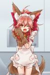  1girl animal_ears apron bell bell_collar blush_stickers caster_(fate/extra) collar fang fate/grand_order fate_(series) fox_ears fox_tail hair_ribbon highres ketchup long_hair looking_at_viewer naked_apron one_eye_closed open_mouth pink_hair ribbon solo tail takuan_lte tamamo_cat_(fate/grand_order) yellow_eyes 