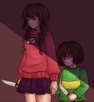 1girl androgynous bangs black_hair blush braid brown_hair chara_(undertale) child closed_eyes crossover height_difference holding holding_hands holding_knife knife kurokku-tokei legs legs_together looking_at_viewer madotsuki one_eye_closed red_eyes shadow skirt sweater thighs twin_braids undertale yume_nikki