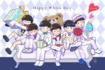  6+boys :&gt; :d alternate_eye_color blue_eyes bouquet bow bowtie brothers brown_hair couch flower formal gift green_eyes grin hat male_focus matsuno_choromatsu matsuno_ichimatsu matsuno_juushimatsu matsuno_karamatsu matsuno_osomatsu matsuno_todomatsu multiple_boys necktie nightcat one_eye_closed open_mouth osomatsu-kun osomatsu-san pink_eyes red_eyes rose sextuplets shorts siblings sitting sleeves_past_wrists smile stuffed_animal stuffed_toy suit sunglasses sunglasses_on_head teddy_bear violet_eyes white_day yellow_eyes 