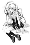  1girl boots bow digital_media_player dress frills hatsune_miku headphones headset hisekai long_hair looking_at_viewer monochrome ribbon sitting solo traditional_media twintails very_long_hair vocaloid wrist_cuffs 