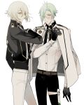  2boys black_gloves blonde_hair blush cosplay costume_switch eyes_visible_through_hair gloves green_hair hair_over_one_eye higekiri_(touken_ranbu) hizamaru_(touken_ranbu) jacket_on_shoulders multiple_boys nair touken_ranbu yellow_eyes 