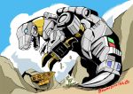  ark autobot dinobot dinobots dinosaur flower from_behind from_below grimlock kamizono_(spookyhouse) looking_down machinery mecha mountain no_humans robot solo transformers twitter_username 