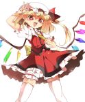  1girl ameyu arm_up blonde_hair bloomers colored crystal fang flandre_scarlet hasebe_yuusaku hat hat_ribbon looking_at_viewer mob_cap open_mouth pointy_ears puffy_sleeves red_eyes ribbon shirt short_hair short_sleeves simple_background skirt skirt_set smile solo thigh-highs touhou underwear upskirt v vest white_background white_legwear wings 