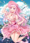  1girl :d bare_shoulders bracelet breasts cleavage cross-laced_footwear dress ferris_wheel hat hat_ribbon highres jewelry large_breasts leg_up long_hair necklace open_mouth pendant pink_hair ribbon shoes smile solo violet_eyes yezhi_na 