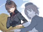  2girls breasts brown_eyes brown_hair clouds cosmic_(crownclowncosmic) girls_und_panzer hand_on_headphones hat hatch headphones headphones_around_neck headset multiple_girls nishizumi_maho nishizumi_miho short_hair siblings sisters sketch smile wire 