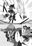  3girls backwards_text barefoot closed_eyes comic commentary_request explosion folded_ponytail hair_ornament hairclip ikazuchi_(kantai_collection) inazuma_(kantai_collection) kantai_collection low_twintails meitoro monochrome multiple_girls name_tag necktie school_swimsuit school_uniform serafuku shirayuki_(kantai_collection) short_hair short_twintails skirt swimsuit thigh-highs translation_request twintails 