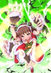  +_+ 1girl bell blush_stickers bow double_bun electricity extra_arms fingerless_gloves gloves idolmaster idolmaster_cinderella_girls motion_blur munakata_atsumi open_mouth santa_costume smile solo white_legwear 