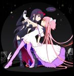  2girls akuma_homura anthony_(madoka_magica) blush crescent_moon dancing dress english goddess_madoka hair_ribbon long_hair mahou_shoujo_madoka_magica moon multiple_girls oktavia_von_seckendorff pink_hair red_ribbon ribbon silverxp star star_(sky) violet_eyes white_ribbon yellow_eyes yuri 