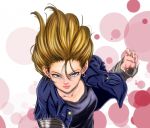  1girl akira_(yuibnm71) android_18 blonde_hair blue_eyes dragon_ball dragon_ball_z jewelry leaning_forward looking_at_viewer single_earring solo vest 