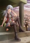  1girl absurdres arm_support belt black_legwear boots cherry_blossoms cross-laced_footwear funami_dingo grey_eyes grey_hair hand_in_hair high_heels highres lace-up_boots original petals skirt smile solo stairs thigh-highs vest 