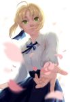  1girl absurdres ahoge artist_request blonde_hair cherry_blossoms fate/stay_night fate_(series) green_eyes highres outstretched_hand petals raised_eyebrows saber skirt solo 