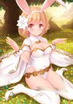  1girl animal_ears bangs belt blonde_hair blush breasts brown_eyes bunny_tail cleavage closed_mouth covered_navel cross_print djeeta_(granblue_fantasy) eyebrows eyebrows_visible_through_hair eyelashes fake_animal_ears granblue_fantasy grass hairband high_heels leotard looking_at_viewer on_ground outdoors rabbit_ears shoes short_hair short_sleeves sitting smile solo strapless strapless_leotard tail thigh-highs tree wariza white_cape white_flower white_legwear white_shoes wrist_cuffs yoshiheihe 