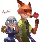    :d flower fox furry green_eyes holding holding_arm jeanex judy_hopps necktie nick_wilde open_mouth police police_badge police_uniform rabbit rose signature simple_background smile uniform violet_eyes white_background zootopia 