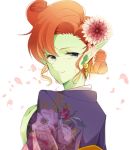  1girl alternate_hairstyle blue_eyes cherry_blossoms curly_hair dragon_ball dragon_ball_z earrings floral_print flower green_skin hair_flower hair_ornament hair_up highres japanese_clothes jewelry kimono looking_at_viewer looking_back orange_hai petals pointy_ears shitora_(bernkastel) solo zangya 