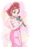  1girl brown_hair chocokin cowboy_shot dated dress eyebrows flower go!_princess_precure green_eyes haruno_haruka looking_at_viewer multicolored_background pink_dress precure short_hair smile solo thick_eyebrows 