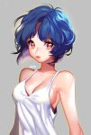  1girl armpits bare_shoulders blue_hair blush breasts brown_eyes cleavage closed_mouth collarbone dress grey_background highres impossible_clothes lips no_bra orange_eyes ranma_1/2 seoji short_hair sideboob simple_background sleeveless sleeveless_dress solo tendou_akane upper_body white_dress 