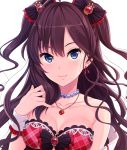  1girl :3 blue_eyes breasts brown_hair ichinose_shiki idolmaster idolmaster_cinderella_girls jewelry long_hair looking_at_viewer necklace smile solo two_side_up yuuhi_(ages) 