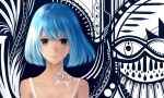  1girl abstract_background bare_shoulders blue_eyes blue_hair facial_mark looking_at_viewer original portrait sakimori_(hououbds) short_hair smile solo tattoo 