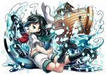  1girl anchor black_hair boat boots chain cross-laced_footwear danmaku full_body green_eyes hat lace-up_boots ladle looking_at_viewer looking_back murasa_minamitsu puffy_sleeves sailor_collar sailor_hat shirt short_hair short_sleeves shorts smile socha solo touhou water white_background 